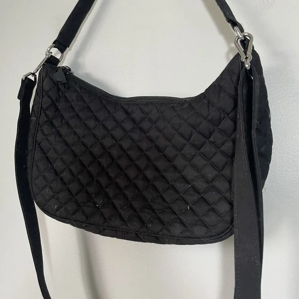 Vera Bradley Cotton Frannie Crescent Crossbody Quilted Shoulder Purse Black